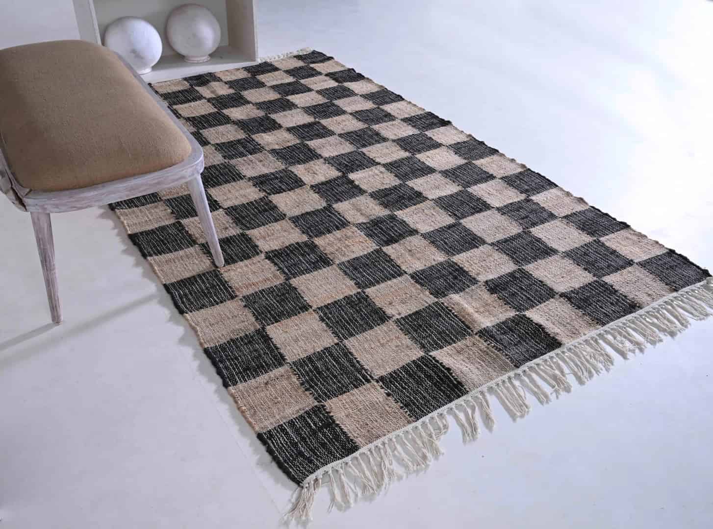 Natural Cotton Jute Moroccan Inspired Rug With Black Boxes Design Rug White Fringes Jute Rug For living Room Decor Rug Cotton Jute Entryway Large Dhurrie Rug  - Image 3