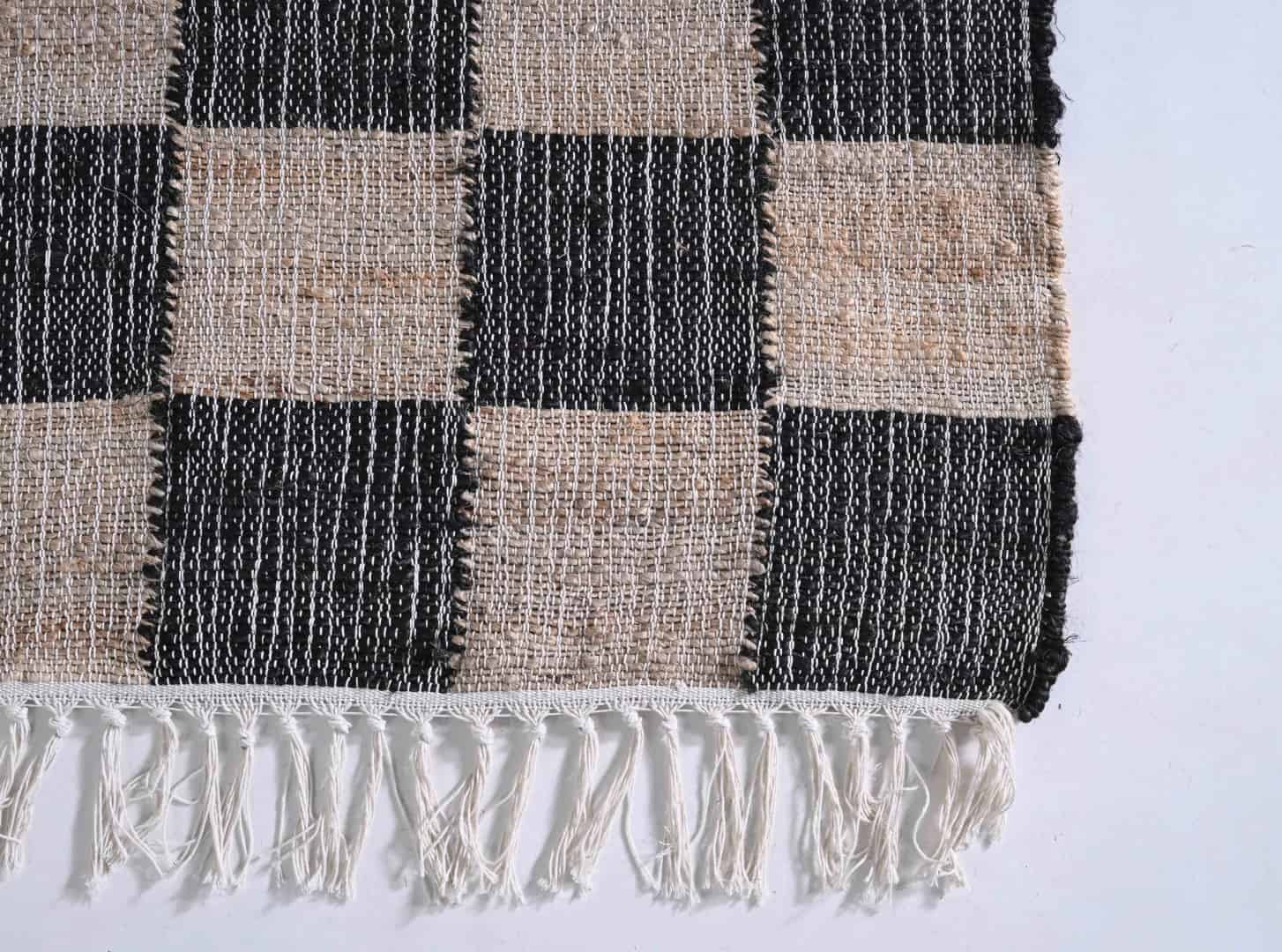 Natural Cotton Jute Moroccan Inspired Rug With Black Boxes Design Rug White Fringes Jute Rug For living Room Decor Rug Cotton Jute Entryway Large Dhurrie Rug  - Image 4