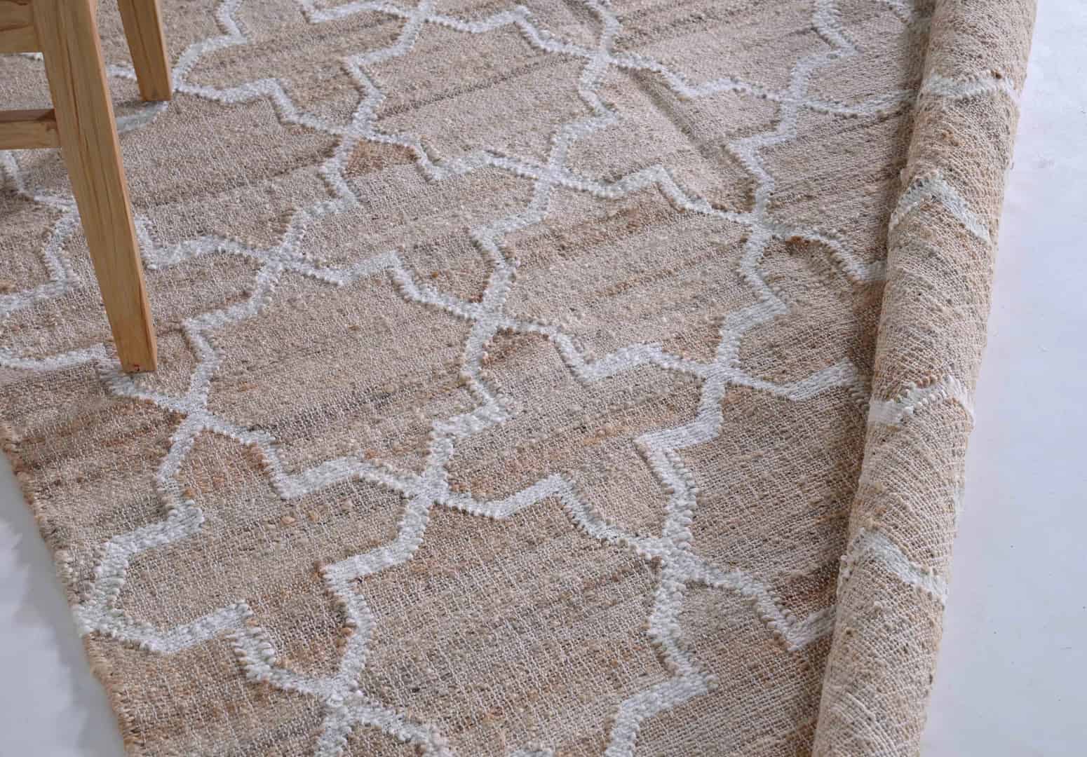 Indian Handmade Beige Cotton Jute Rug With White Design Rug Vintage Jute Area Rug Handwoven Cotton Large Dhurrie Rug White Fringes Jute Rug Home Decor Rug  - Image 8