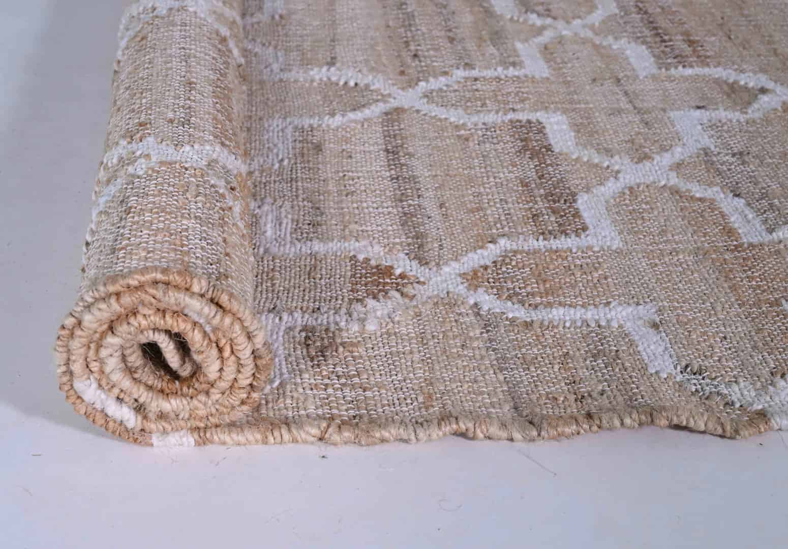 Indian Handmade Beige Cotton Jute Rug With White Design Rug Vintage Jute Area Rug Handwoven Cotton Large Dhurrie Rug White Fringes Jute Rug Home Decor Rug  - Image 3