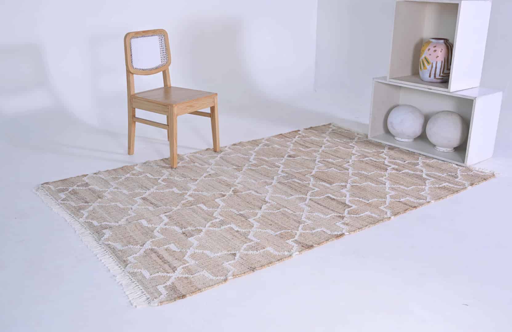 Indian Handmade Beige Cotton Jute Rug With White Design Rug Vintage Jute Area Rug Handwoven Cotton Large Dhurrie Rug White Fringes Jute Rug Home Decor Rug  - Image 1