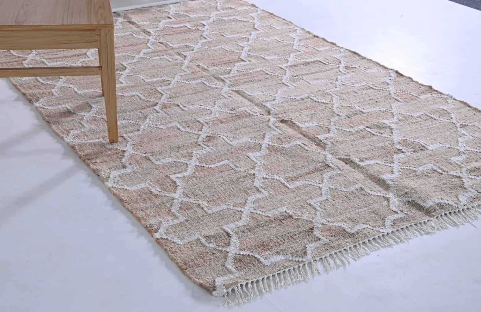 Indian Handmade Beige Cotton Jute Rug With White Design Rug Vintage Jute Area Rug Handwoven Cotton Large Dhurrie Rug White Fringes Jute Rug Home Decor Rug  - Image 4