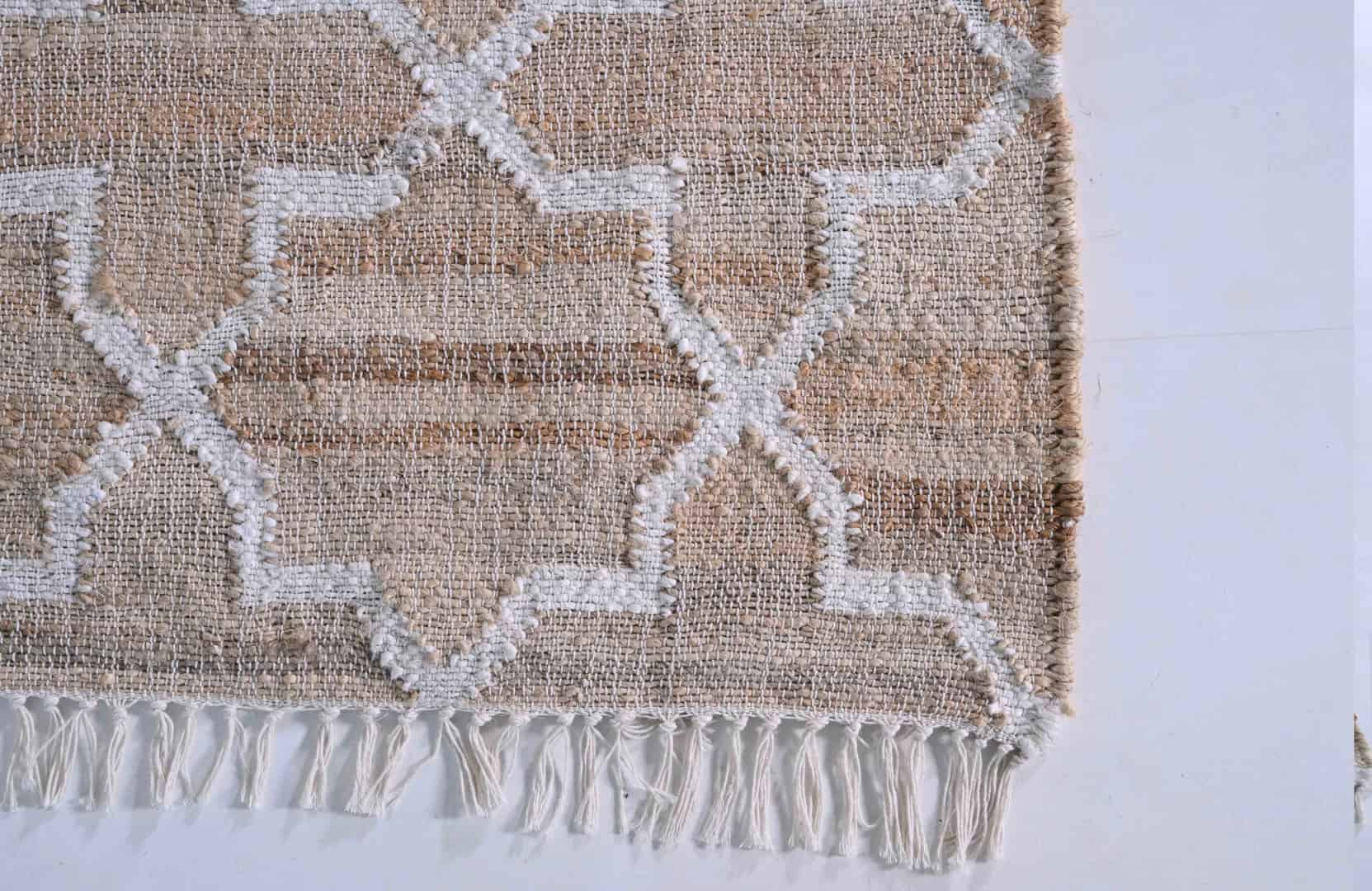 Indian Handmade Beige Cotton Jute Rug With White Design Rug Vintage Jute Area Rug Handwoven Cotton Large Dhurrie Rug White Fringes Jute Rug Home Decor Rug  - Image 5