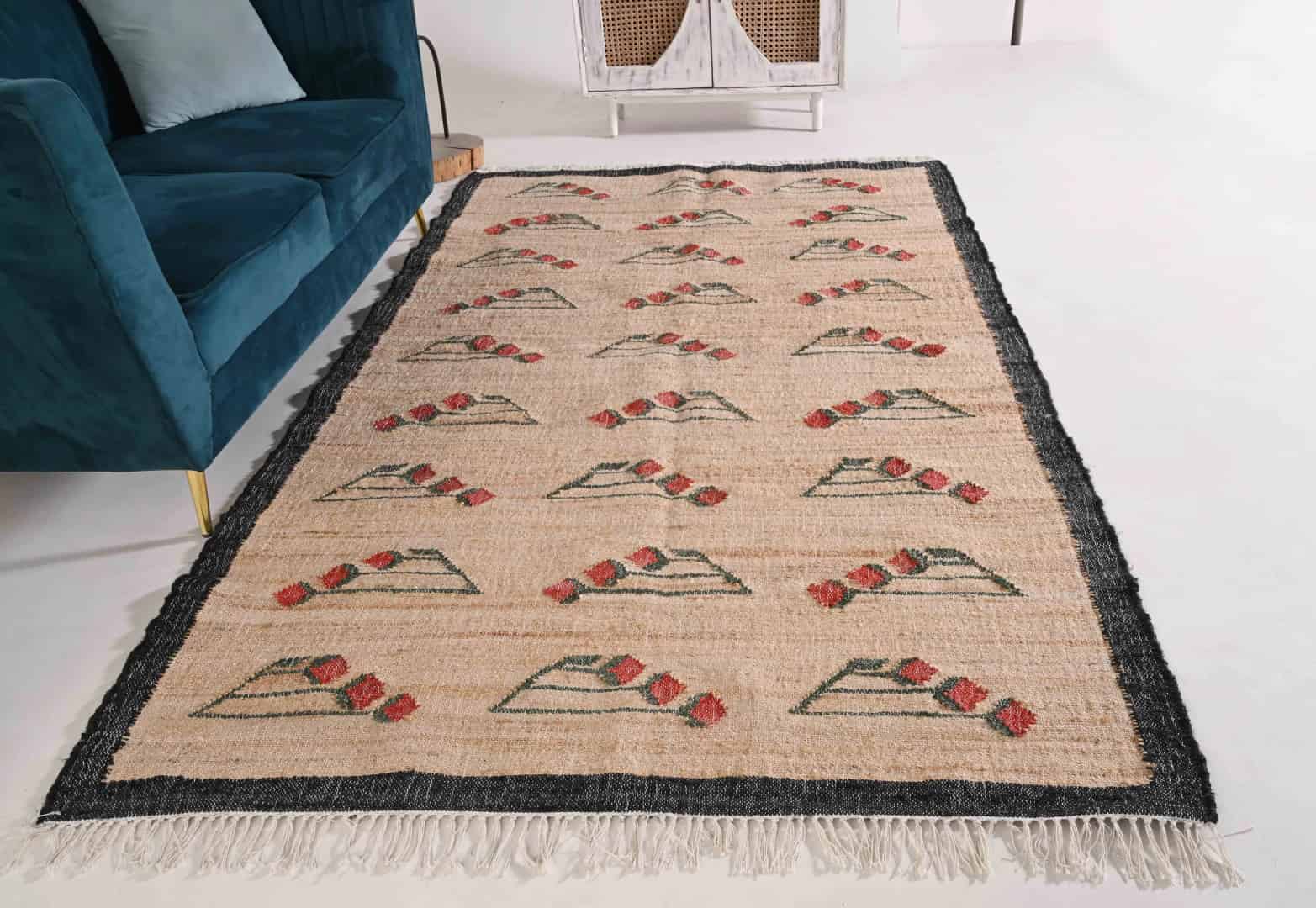 Colorful Handwoven Cotton Jute Rug Designing Decor Large Dhurrie Rug White Fringes Jute Rug Vintage Large Area Rug Handmade Jute Cotton Rug Home Decor Rug  - Image 1