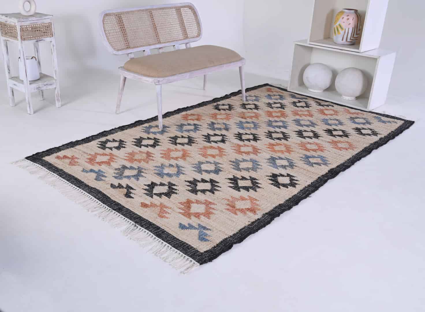 Indian Handwoven Colorful Cotton Jute Large Area Rug Rectangle Shape Rug Boho Decor Rug White Fringes Jute Rug Designing Decor Jute Dhurrie Rug For Living Home - Image 4