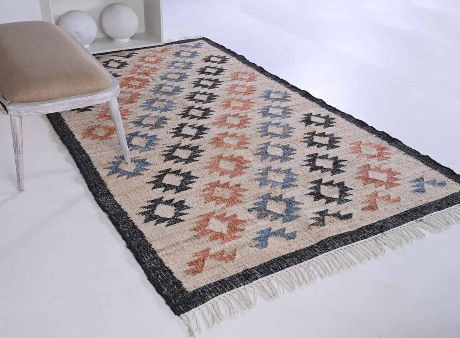 Indian Handwoven Colorful Cotton Jute Large Area Rug Rectangle Shape Rug Boho Decor Rug White Fringes Jute Rug Designing Decor Jute Dhurrie Rug For Living Home - Image 2