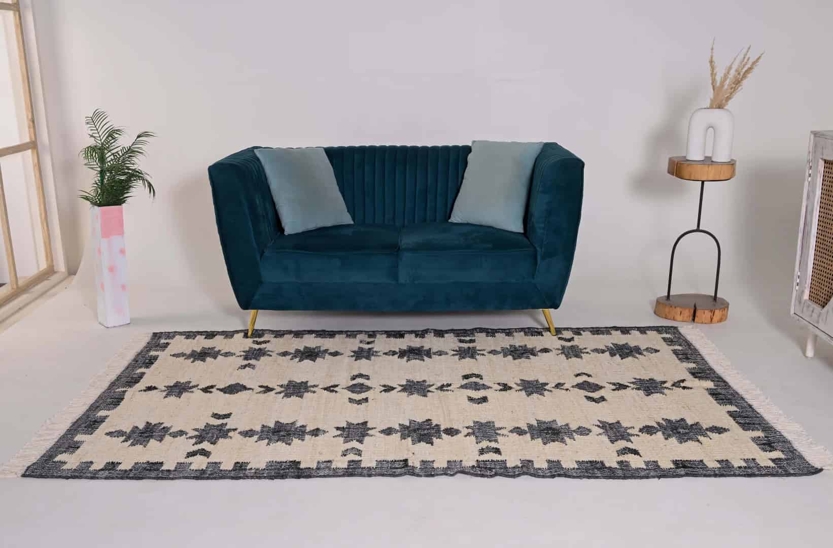 Off White Cotton Jute Rug With Black Pattern Jute Rug Handwoven Large Dhurrie Rug White Fringes Jute Rug For Living Guestroom Decorative Jute Area Rug Moroccan Jute Rug  - Image 4