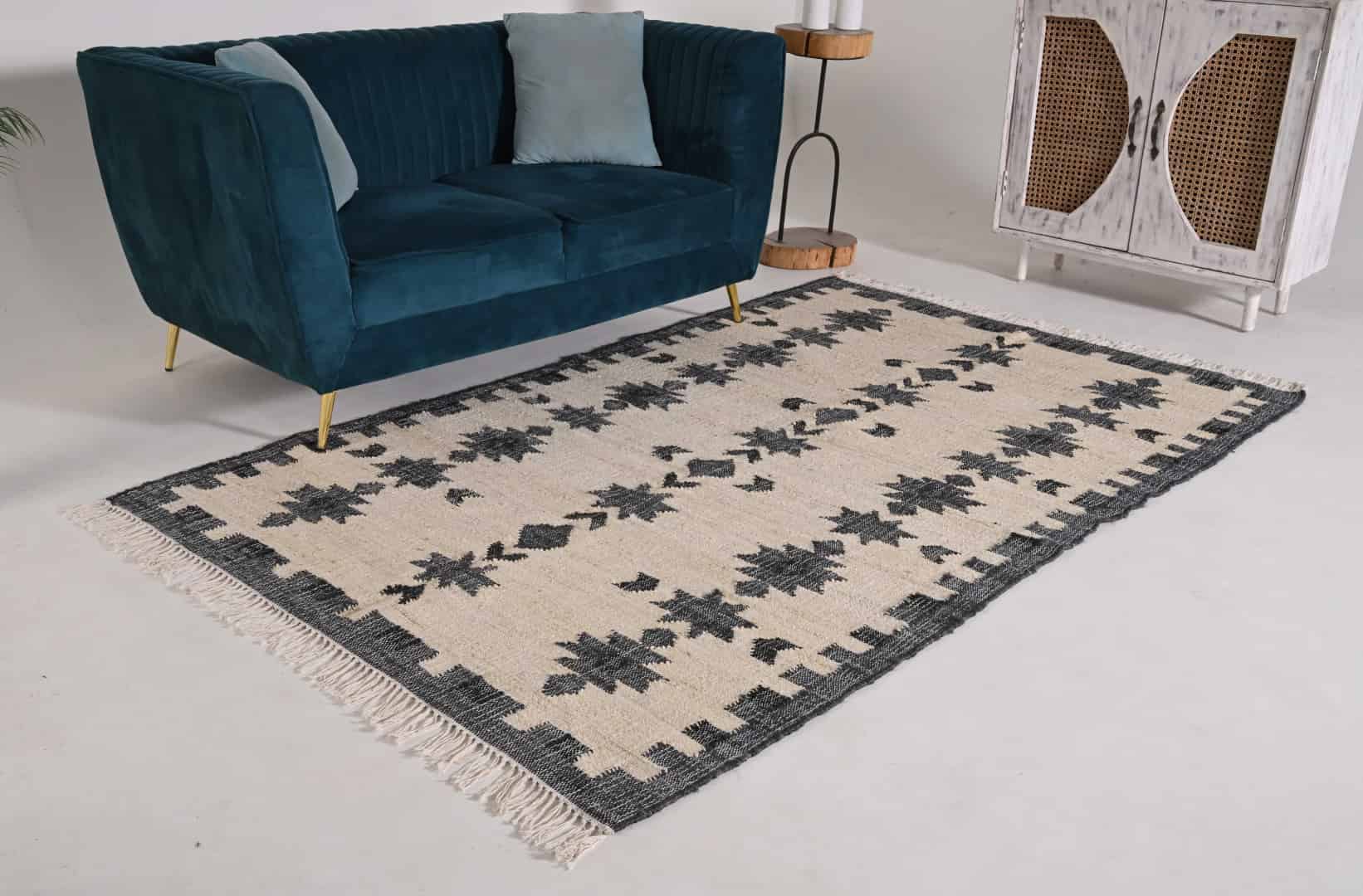 Off White Cotton Jute Rug With Black Pattern Jute Rug Handwoven Large Dhurrie Rug White Fringes Jute Rug For Living Guestroom Decorative Jute Area Rug Moroccan Jute Rug  - Image 1