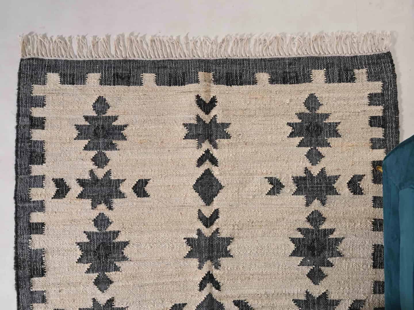 Off White Cotton Jute Rug With Black Pattern Jute Rug Handwoven Large Dhurrie Rug White Fringes Jute Rug For Living Guestroom Decorative Jute Area Rug Moroccan Jute Rug  - Image 3