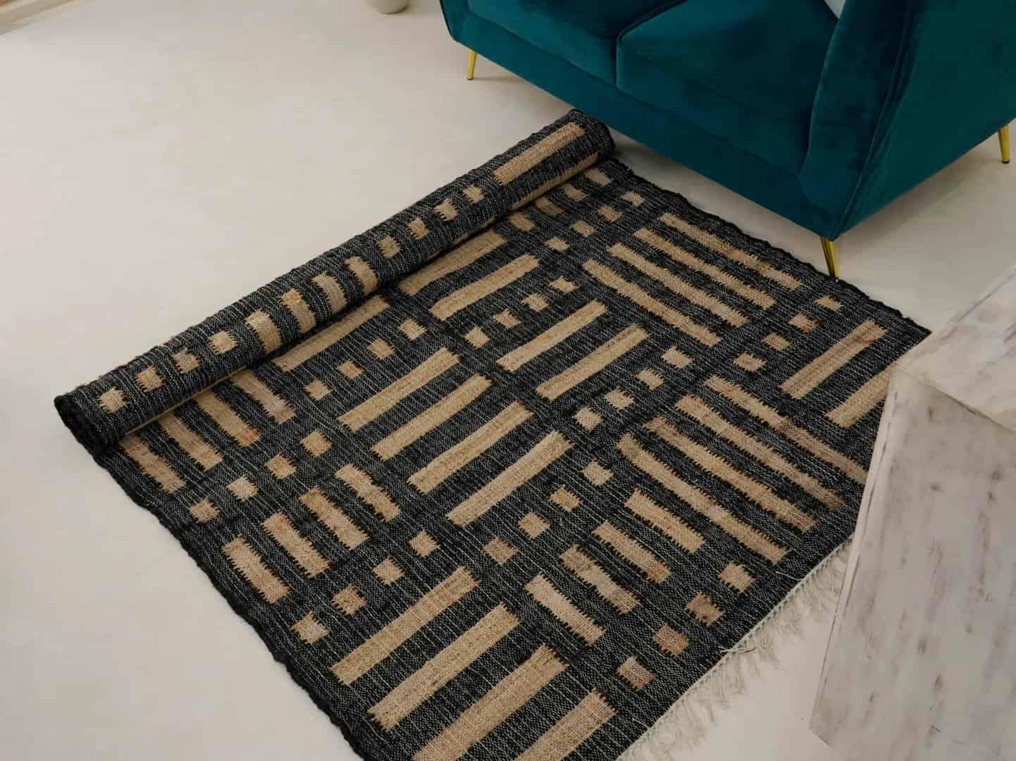 Handwoven Natural Beige Cotton Jute Rug With Black Pattern Large Dhurrie Rug Bohemian Vintage Jute Area Rug Moroccan Jute Rug Eco Friendly Rug  - Image 2