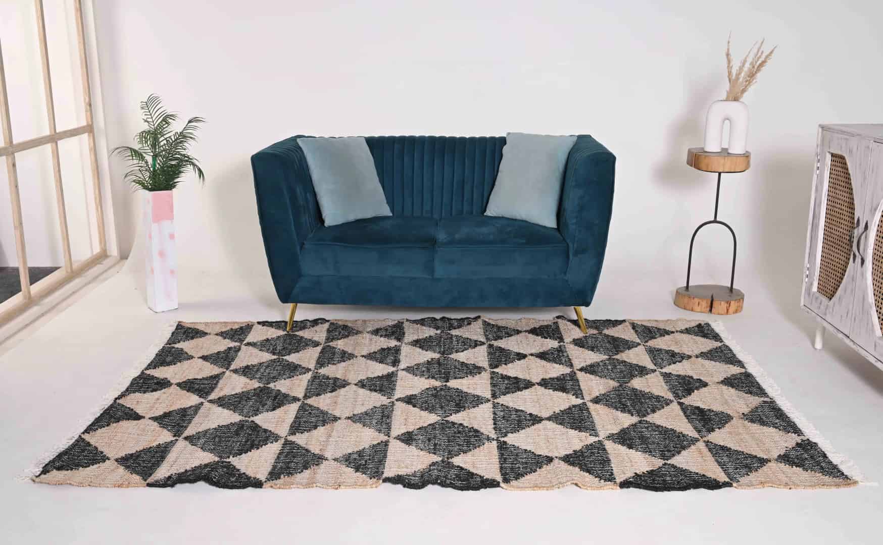 Natural Cotton Jute Moroccan Inspired Rug in Black Design Damru Rug White Fringes Jute Rug Handwoven Large Dhurrie Rug Moroccan Jute Rug Decorative Jute Area Rug   - Image 2