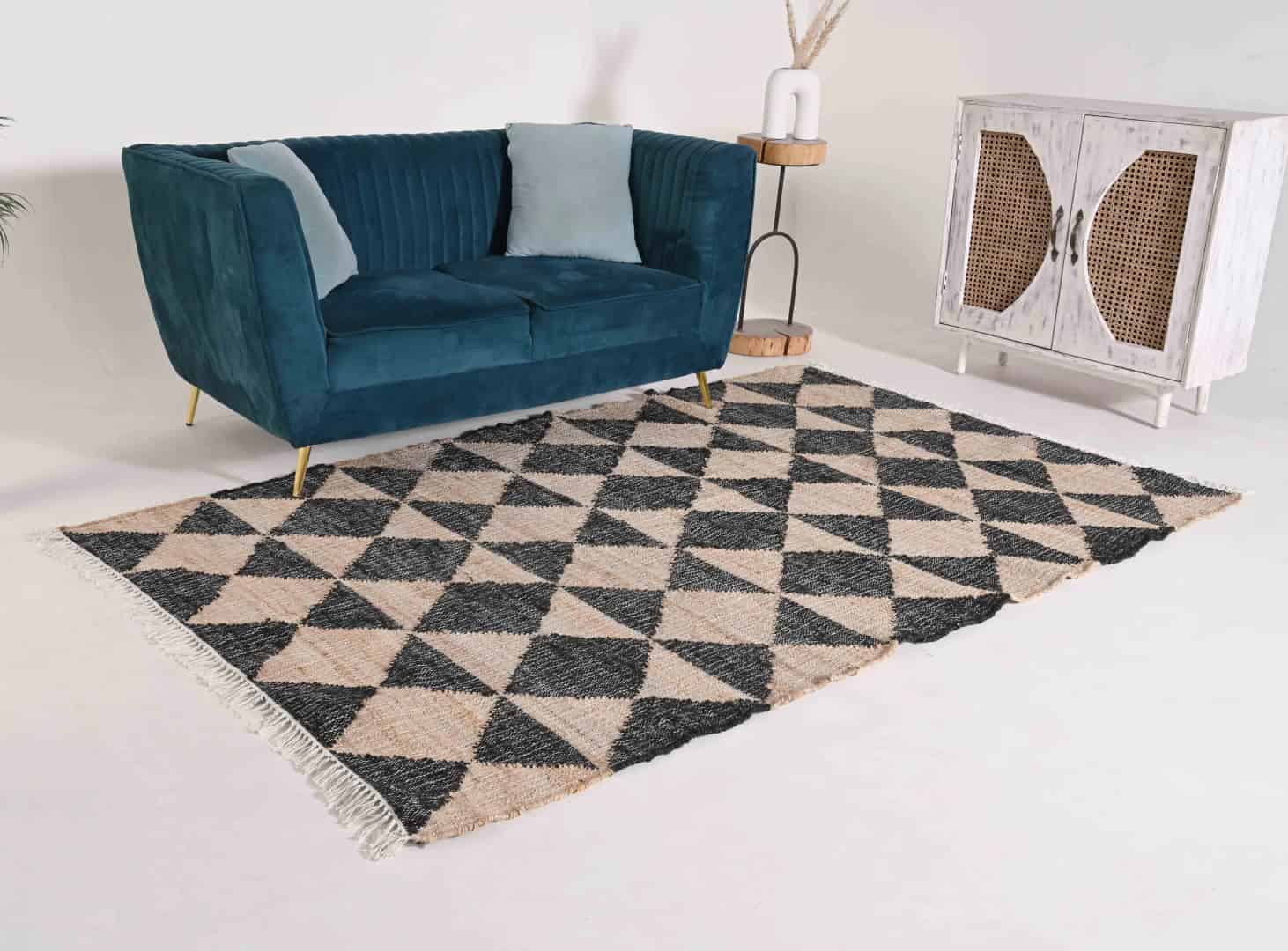 Natural Cotton Jute Moroccan Inspired Rug in Black Design Damru Rug White Fringes Jute Rug Handwoven Large Dhurrie Rug Moroccan Jute Rug Decorative Jute Area Rug   - Image 1