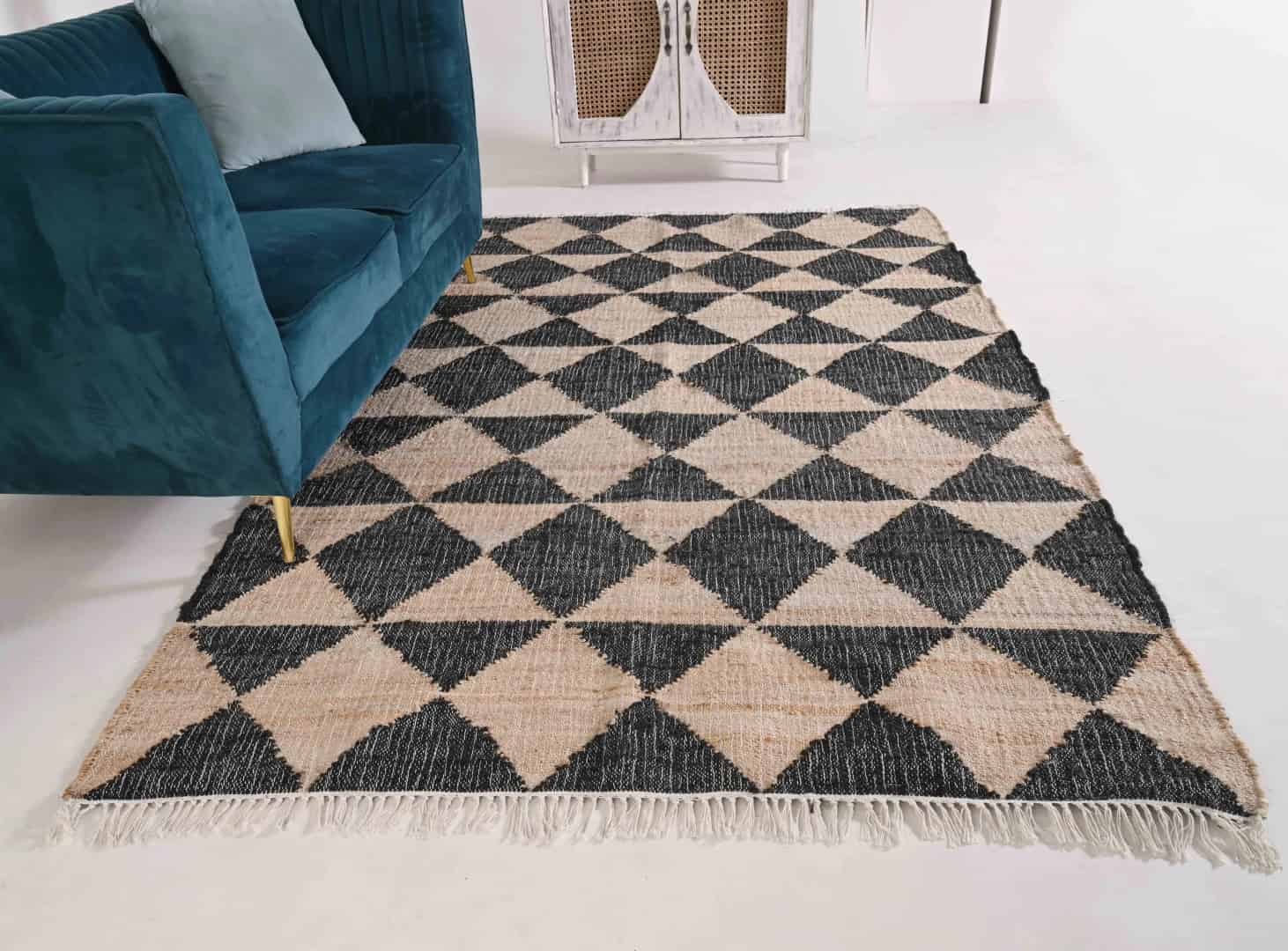 Natural Cotton Jute Moroccan Inspired Rug in Black Design Damru Rug White Fringes Jute Rug Handwoven Large Dhurrie Rug Moroccan Jute Rug Decorative Jute Area Rug   - Image 3