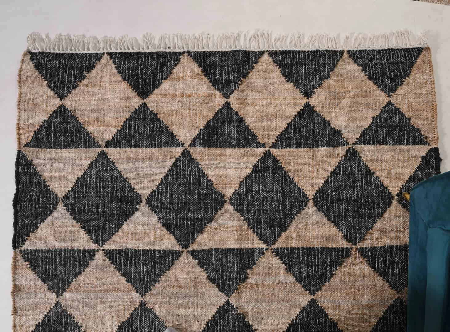 Natural Cotton Jute Moroccan Inspired Rug in Black Design Damru Rug White Fringes Jute Rug Handwoven Large Dhurrie Rug Moroccan Jute Rug Decorative Jute Area Rug   - Image 6