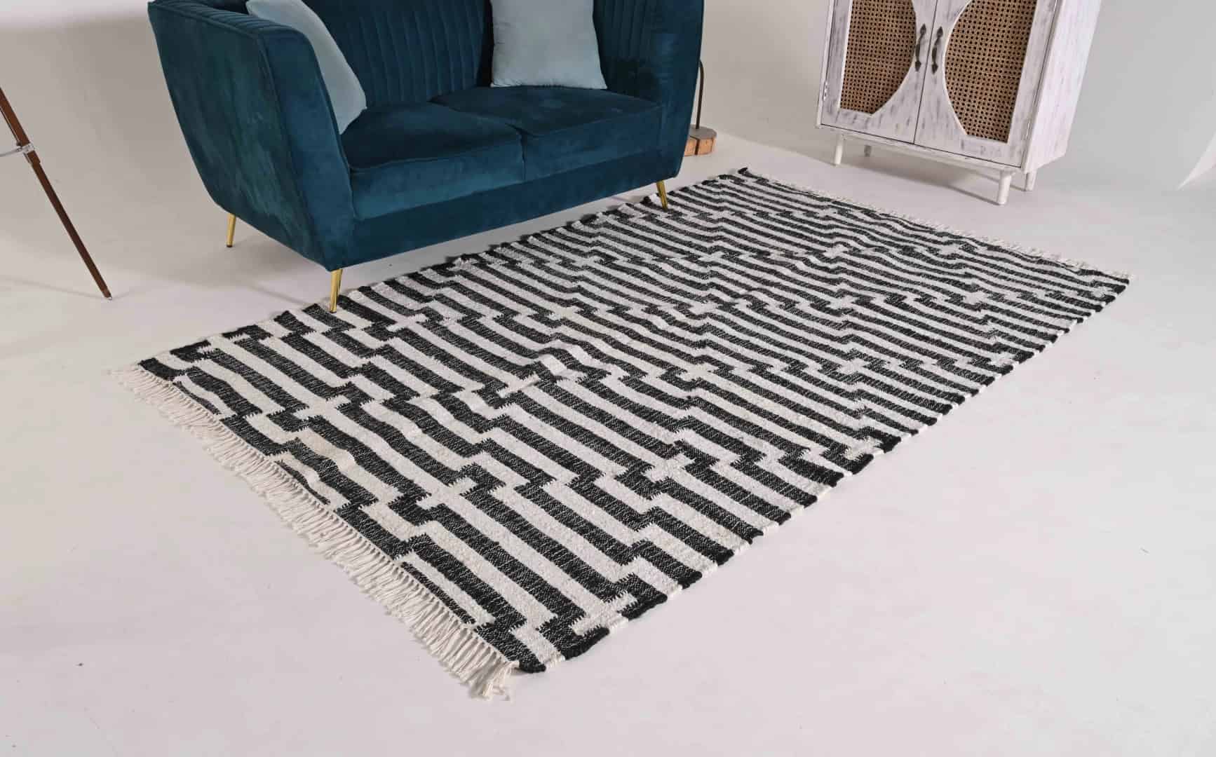 White Cotton Jute Handwoven Large Area Dhurrie Rug With White Stipes Lines For Living Home Decor Rug and White Fringes Jute Rug Bohemian Decor Jute Rug  - Image 1