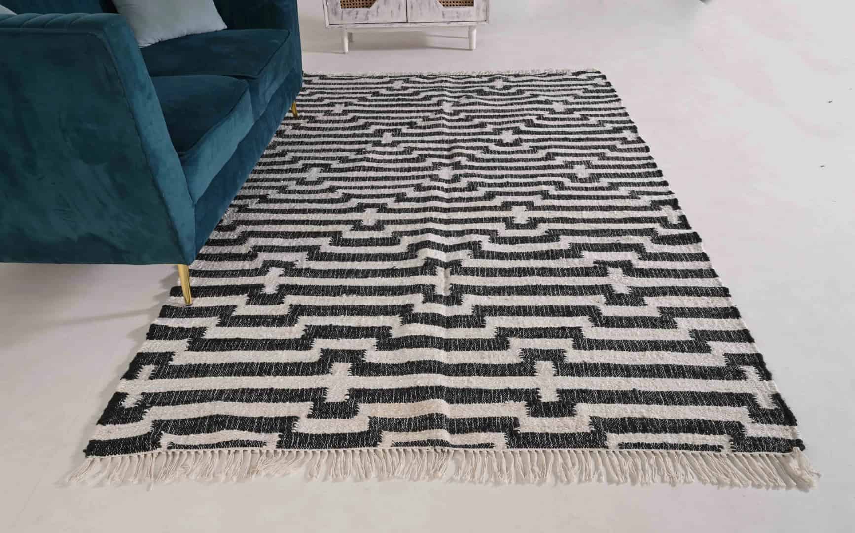 White Cotton Jute Handwoven Large Area Dhurrie Rug With White Stipes Lines For Living Home Decor Rug and White Fringes Jute Rug Bohemian Decor Jute Rug  - Image 3