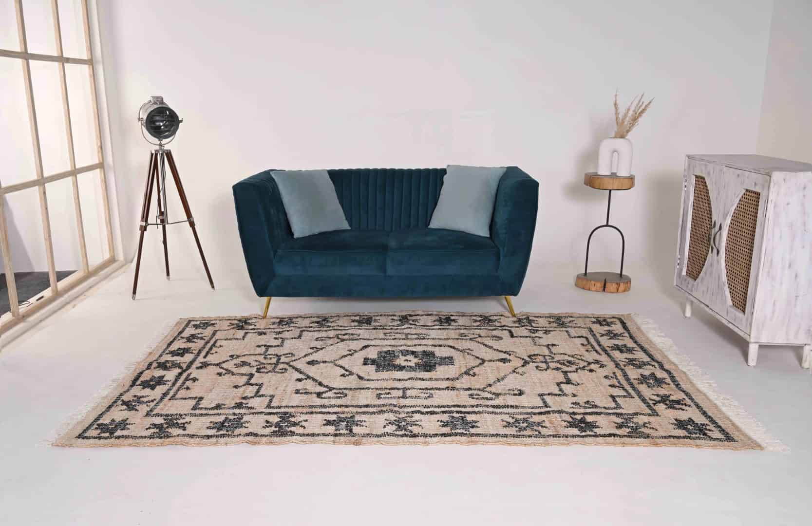 Natural Handmade Cotton jute Rug With Black Design Rug Rectangle Shape Jute Carpet For Living Home Decor Rug And White Fringes Jute Rug Bohemian Decorative Rug  - Image 2