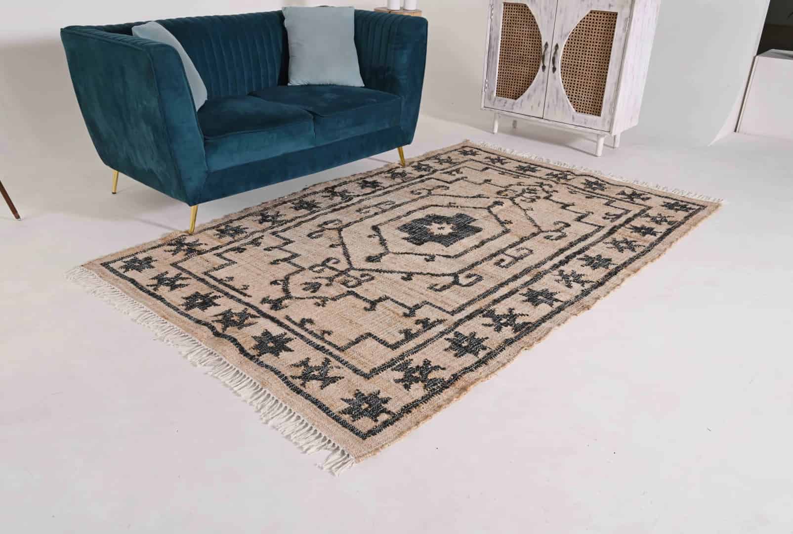 Natural Handmade Cotton jute Rug With Black Design Rug Rectangle Shape Jute Carpet For Living Home Decor Rug And White Fringes Jute Rug Bohemian Decorative Rug  - Image 3