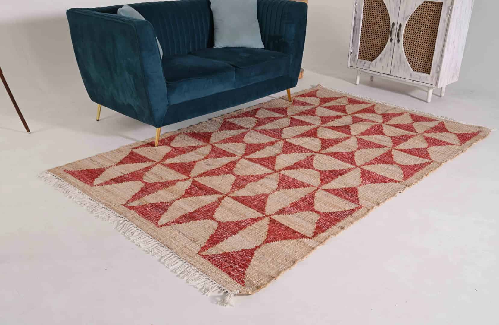 Bohemian Handmade Natural Cotton Jute Rug With Red Design Rug And White Fringe Jute Rug Vintage Large Area Jute Rug Rectangle Shape Rug Home Decor Jute Rug - Image 3