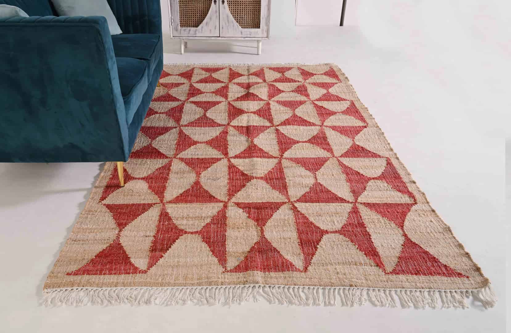 Bohemian Handmade Natural Cotton Jute Rug With Red Design Rug And White Fringe Jute Rug Vintage Large Area Jute Rug Rectangle Shape Rug Home Decor Jute Rug - Image 1