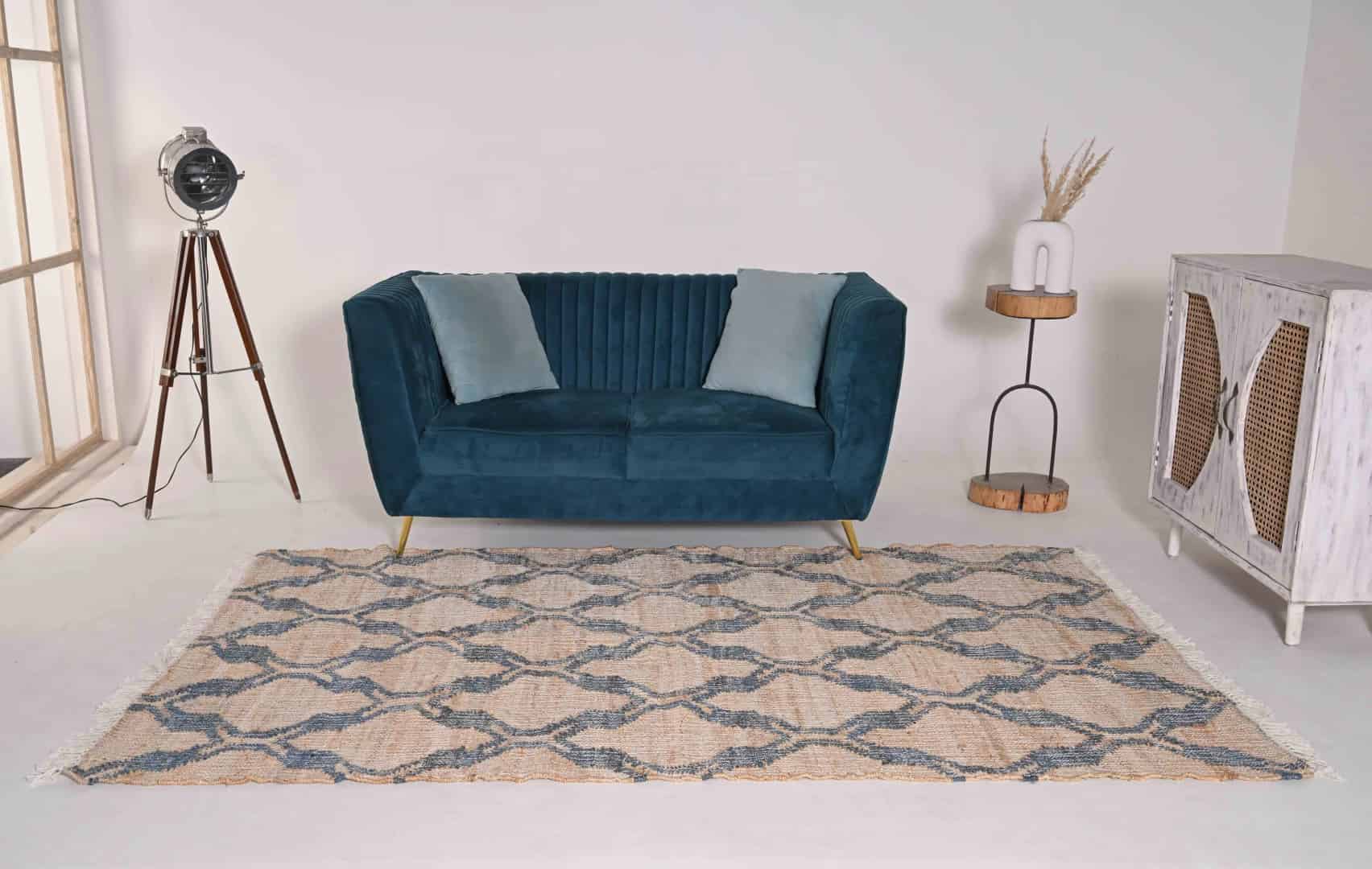 Sky Blue Scandinavian Design High Quality Hand Woven Flatweave Cotton Jute Modern Boho Geometric Rug Bohemian Decor Jute Area Rug For Living Kitchen Rug  - Image 2