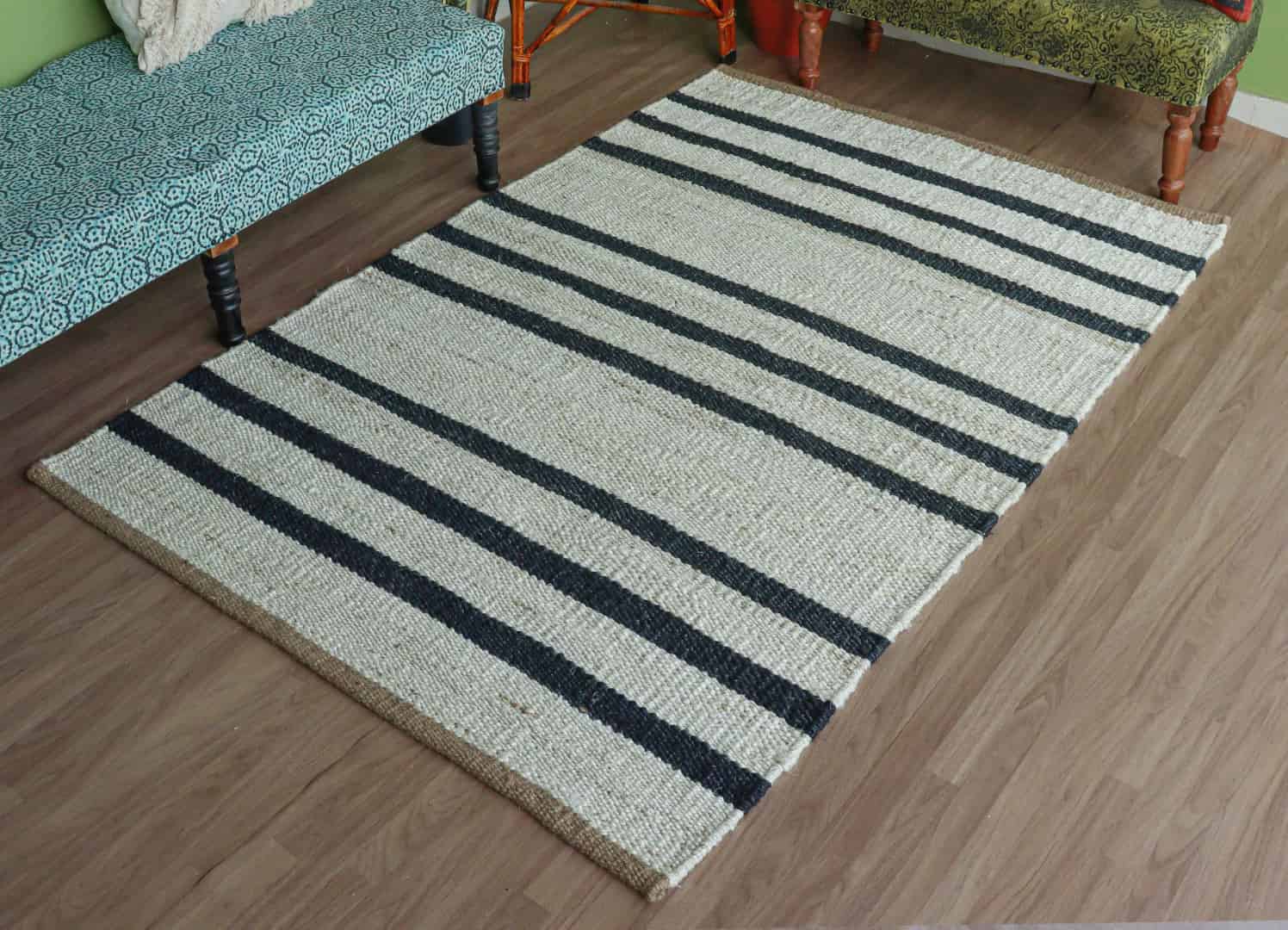 Indian Handmade White Jute Hemp with Black Stripes Line Hemp Rectangle For Hallway Decor Hemp Rug For Living Room Area Vintage Large Area Jute Rug  - Image 3