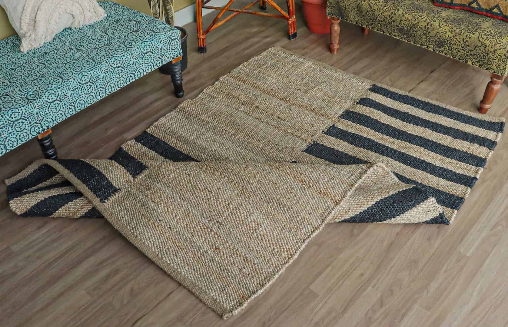 Indian Handwoven Stair Beige Rectangle Jute Rug With Black Strips Hemp Lines Rug For Living Decor Jute Area Rug Large Area Jute Rug Entryway Hemp Dhurrie Rug  - Image 3