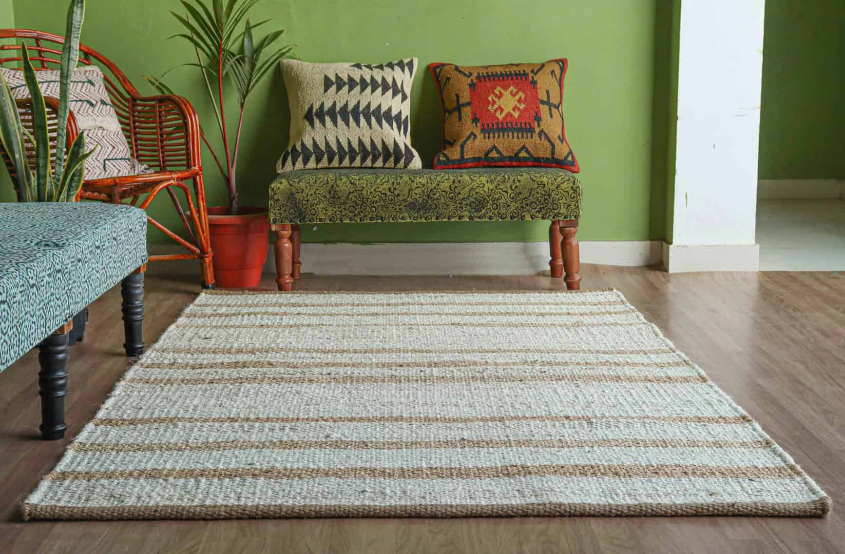 Indian Handwoven Hemp Rectangle Jute Rug White Large Area Rug With Beige Stripes Line Decorative Jute Rug Hemp For Dining Table Decor Rug Vintage Hemp Rug - Image 3