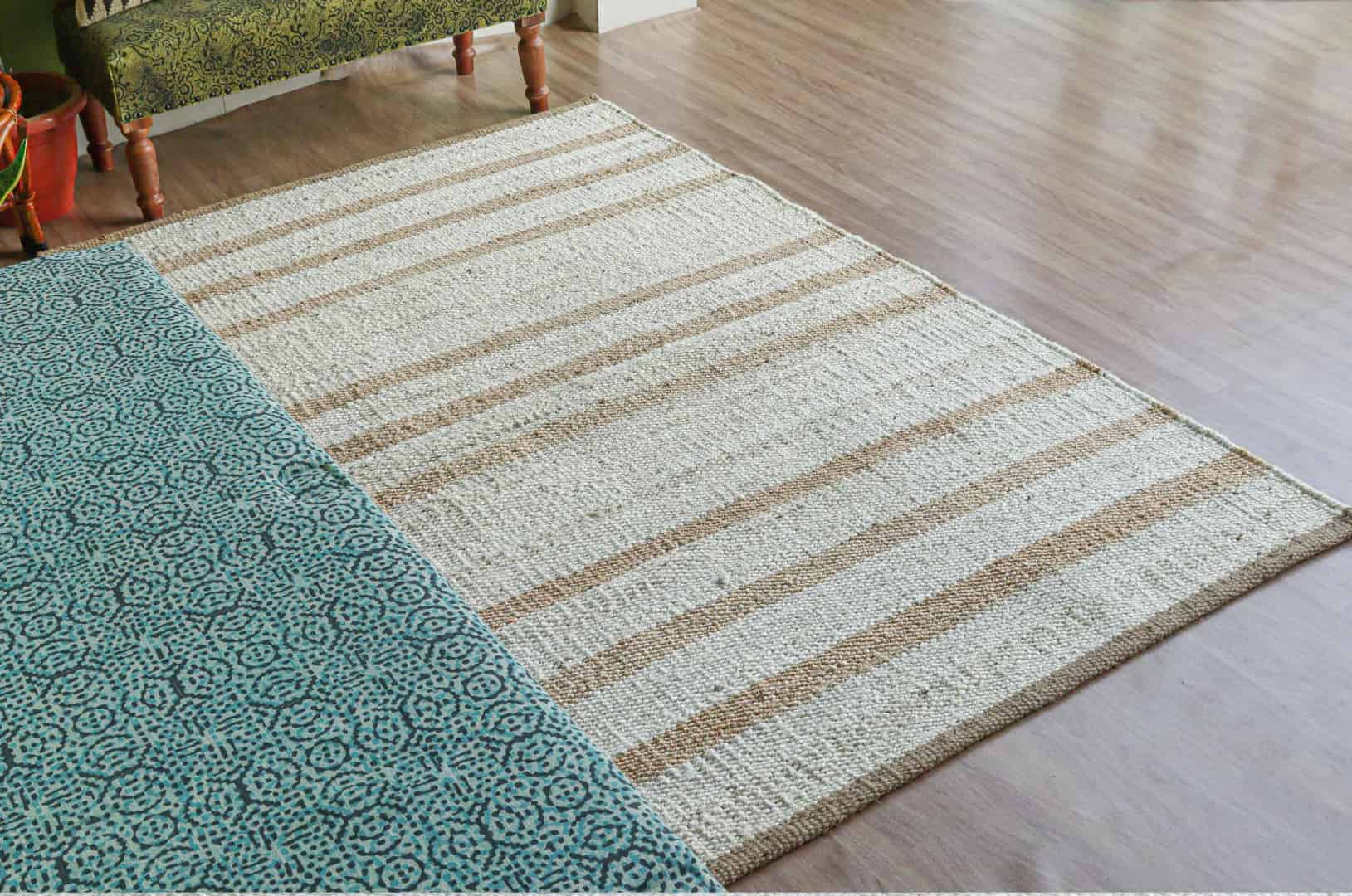 Indian Handwoven Hemp Rectangle Jute Rug White Large Area Rug With Beige Stripes Line Decorative Jute Rug Hemp For Dining Table Decor Rug Vintage Hemp Rug - Image 2