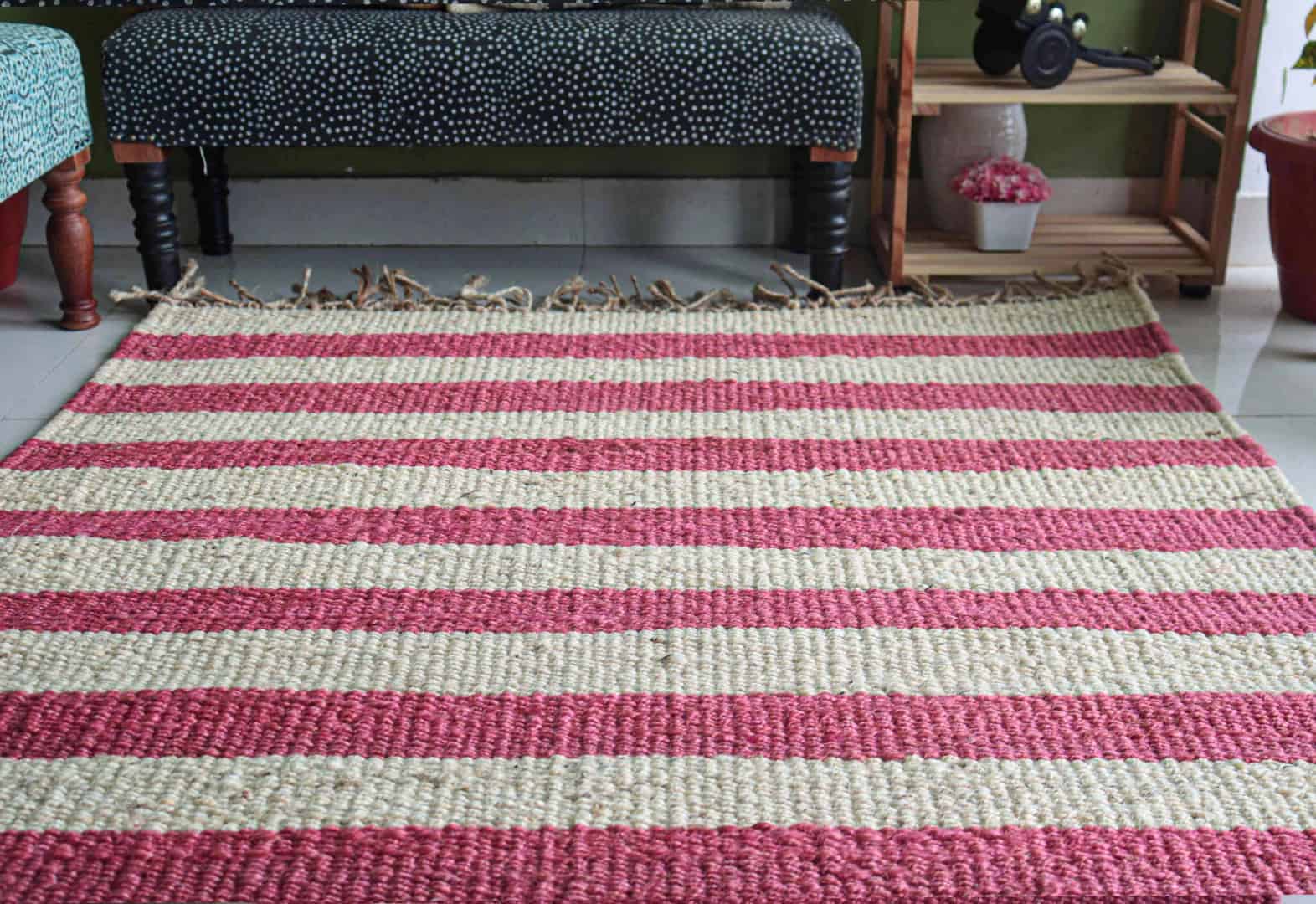 White Hemp Jute Rug With Red Stripes Line Decor Jute Rug Handwoven Large Dhurrie Rug And Beige Natural Fringes Hemp Rug For Living Guestroom Decor Rug  - Image 9