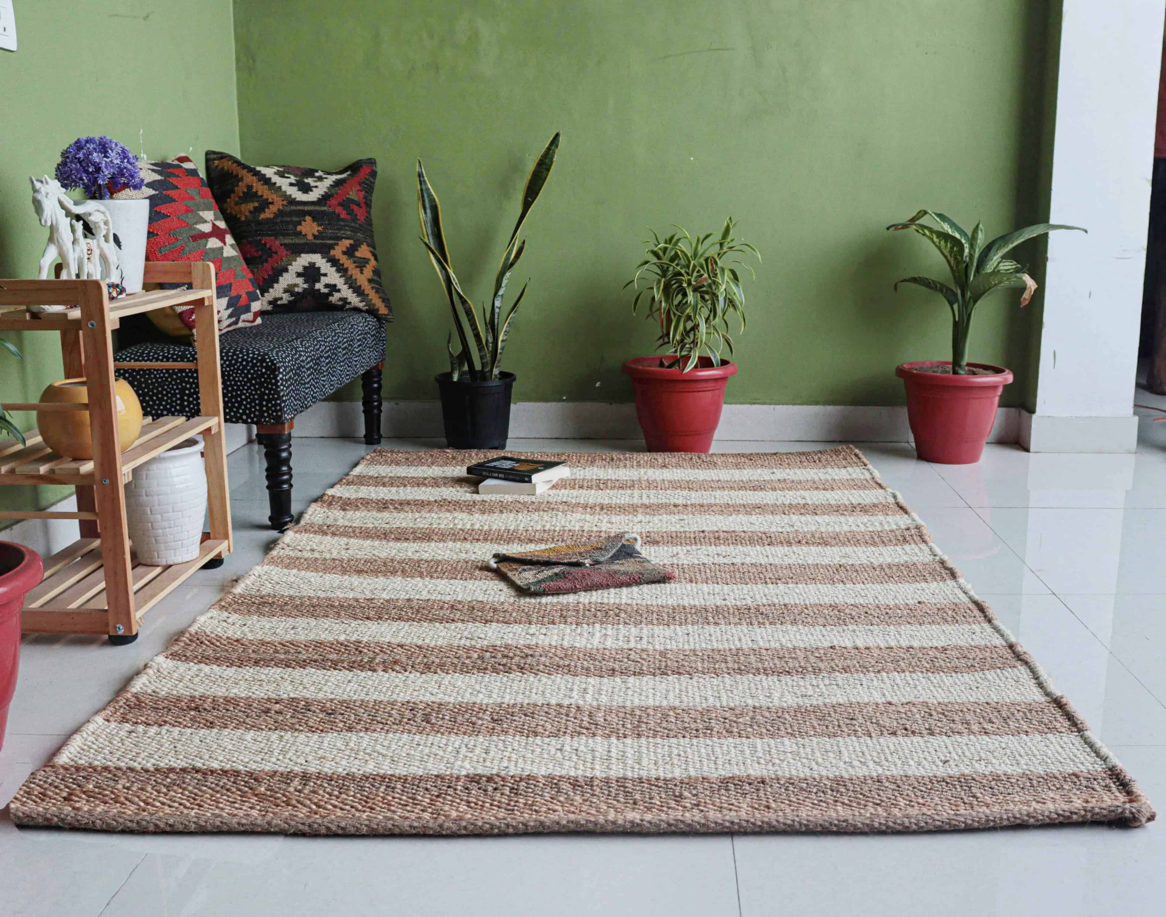 Large Area Hemp Rug Home Decor Hemp Rug Handwoven Hemp Jute Rug Beige Rug With Off White Stirpes Line Decor Rug Entryway Hemp Jute Rug Living Kitchen Decor Rug  - Image 3