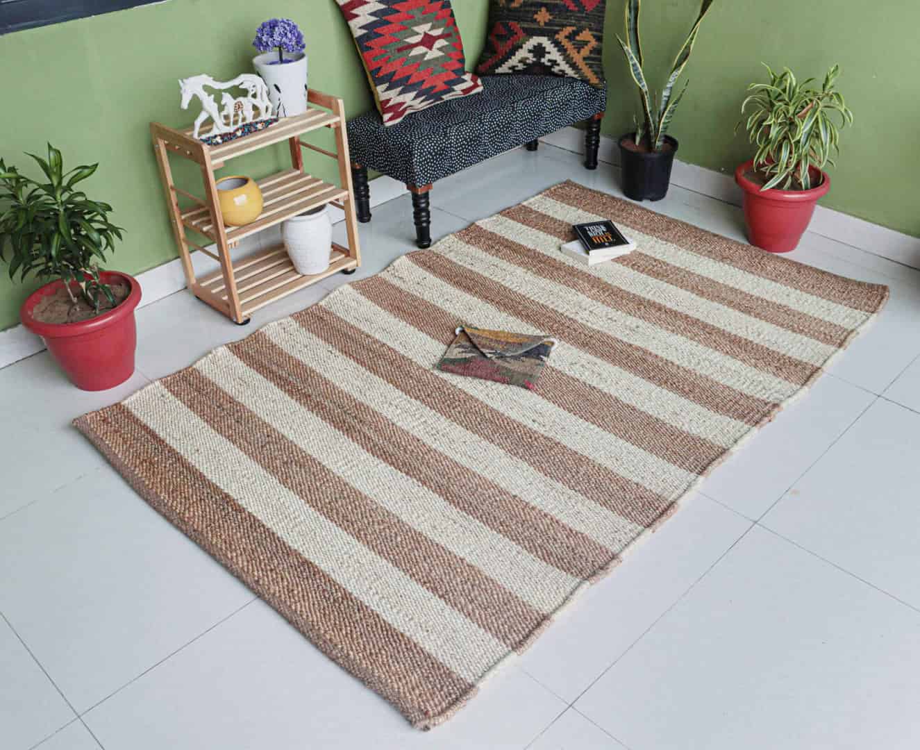 Large Area Hemp Rug Home Decor Hemp Rug Handwoven Hemp Jute Rug Beige Rug With Off White Stirpes Line Decor Rug Entryway Hemp Jute Rug Living Kitchen Decor Rug  - Image 1