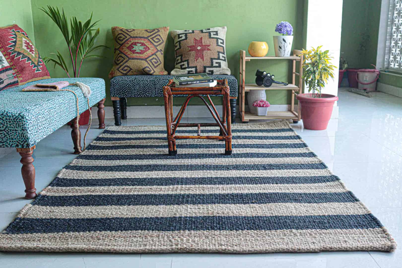 Eco Friendly Handwoven Natural Jute Hemp Rectangle Rug With Black Stripes Stair Decor Hemp Rug For Living Room Decor Boho Decor Hemp Rug Large Area Hemp Dhurrie Rug  - Image 4