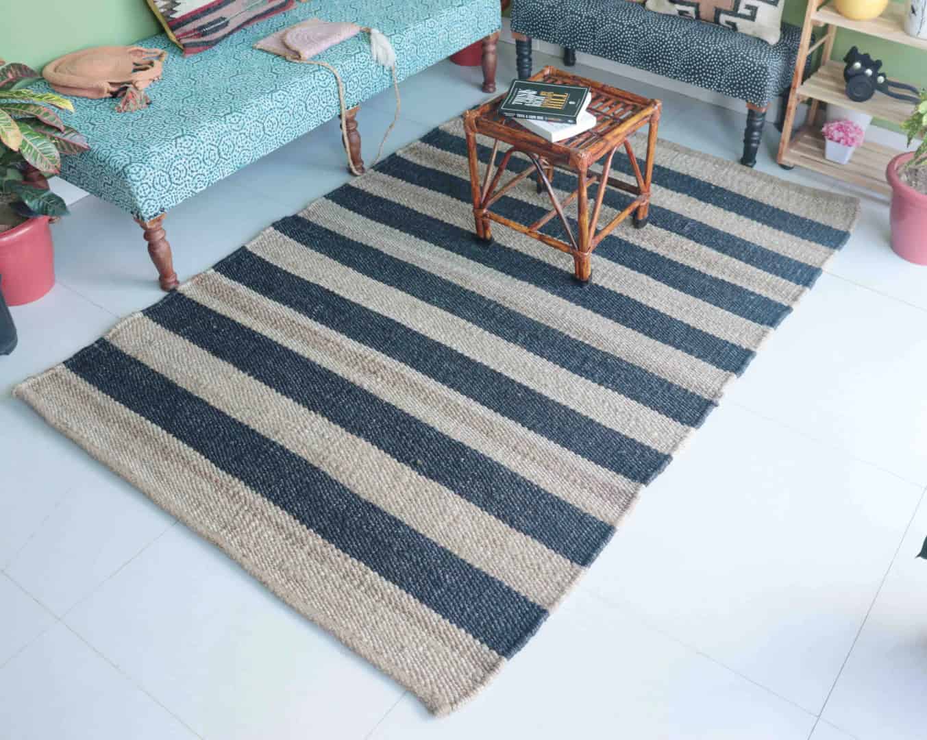 Eco Friendly Handwoven Natural Jute Hemp Rectangle Rug With Black Stripes Stair Decor Hemp Rug For Living Room Decor Boho Decor Hemp Rug Large Area Hemp Dhurrie Rug  - Image 2