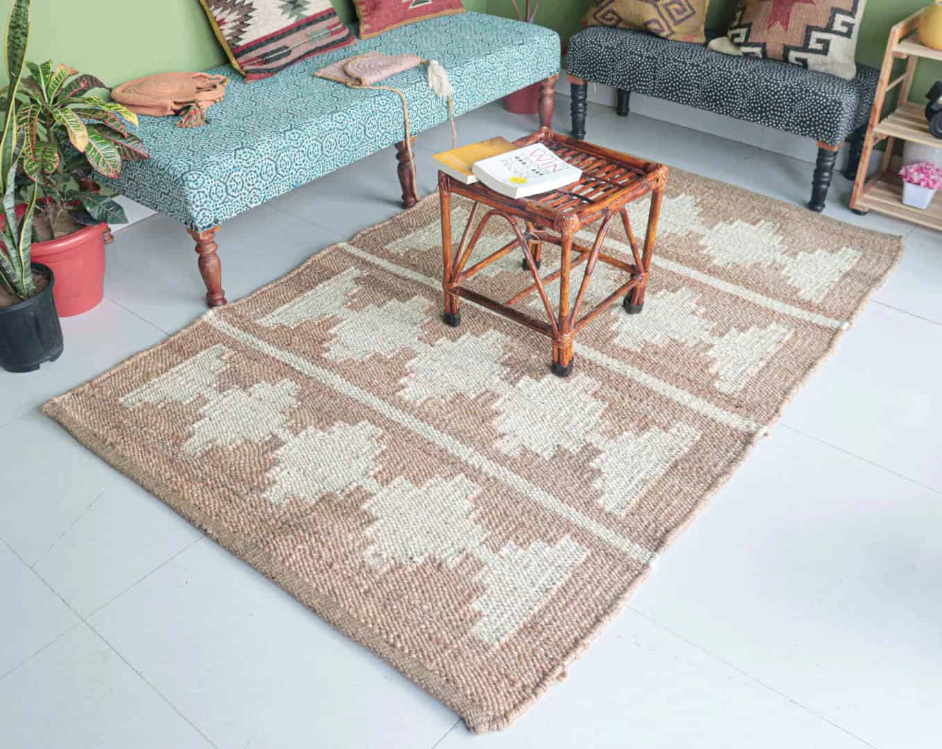 Indian Handwoven Hemp Jute Rug Beige Rectangle Jute Rug With White Design Rug Stair Decor Hemp Jute Rug Vintage Jute Rug Yoga Mat Dhurrie Rug For Home Decor  - Image 3