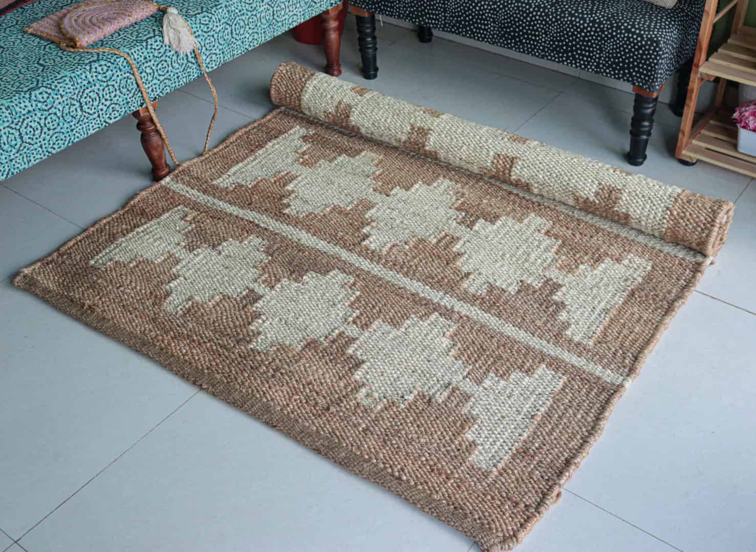 Indian Handwoven Hemp Jute Rug Beige Rectangle Jute Rug With White Design Rug Stair Decor Hemp Jute Rug Vintage Jute Rug Yoga Mat Dhurrie Rug For Home Decor  - Image 9