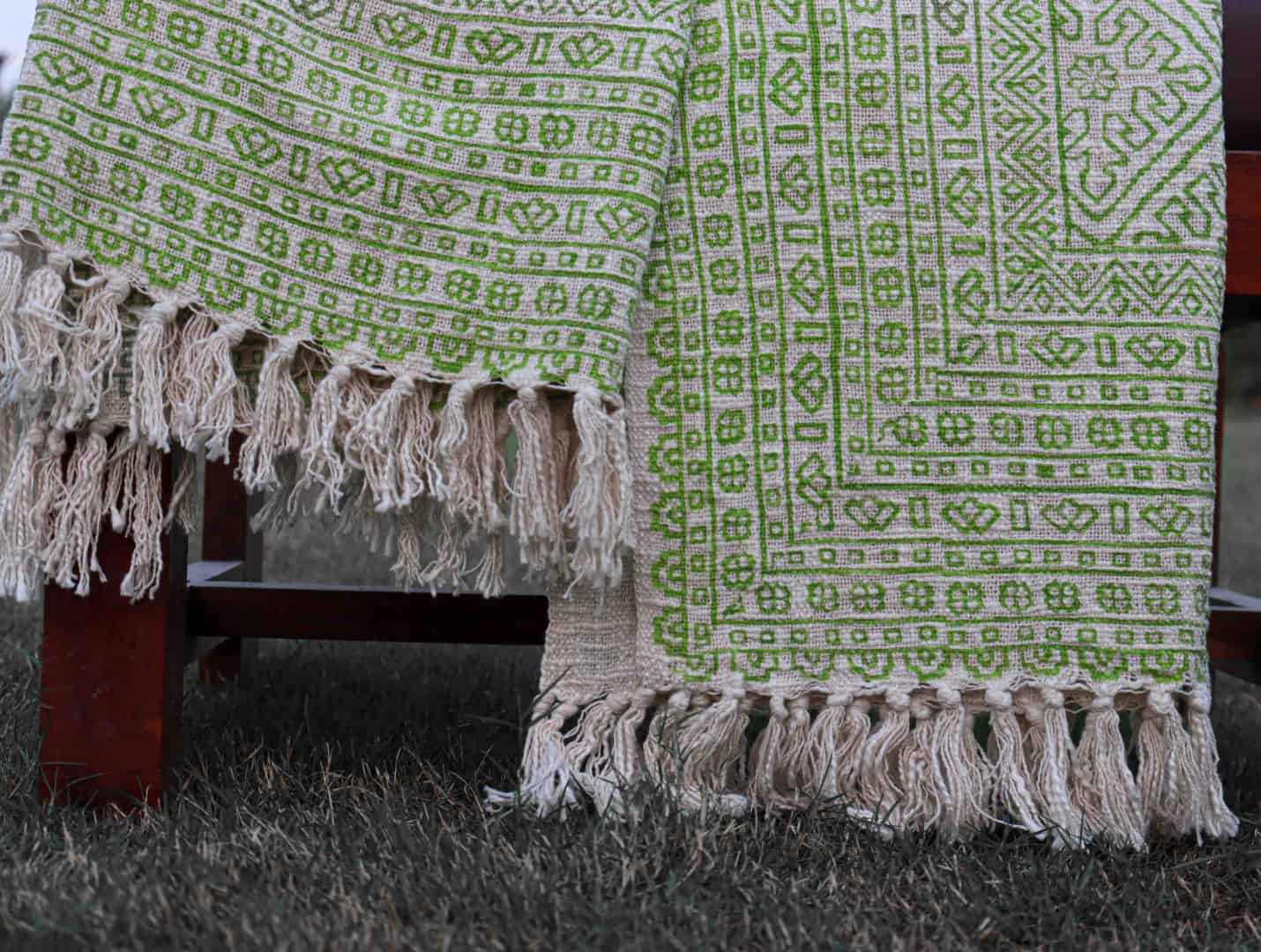 White with Green Print Luxurious Handmade Indian Cotton Throw Blanket with Tassels Floral Block Print Bohemian Bed Cover and Sofa Throw Cover For Decor Room  - Image 4