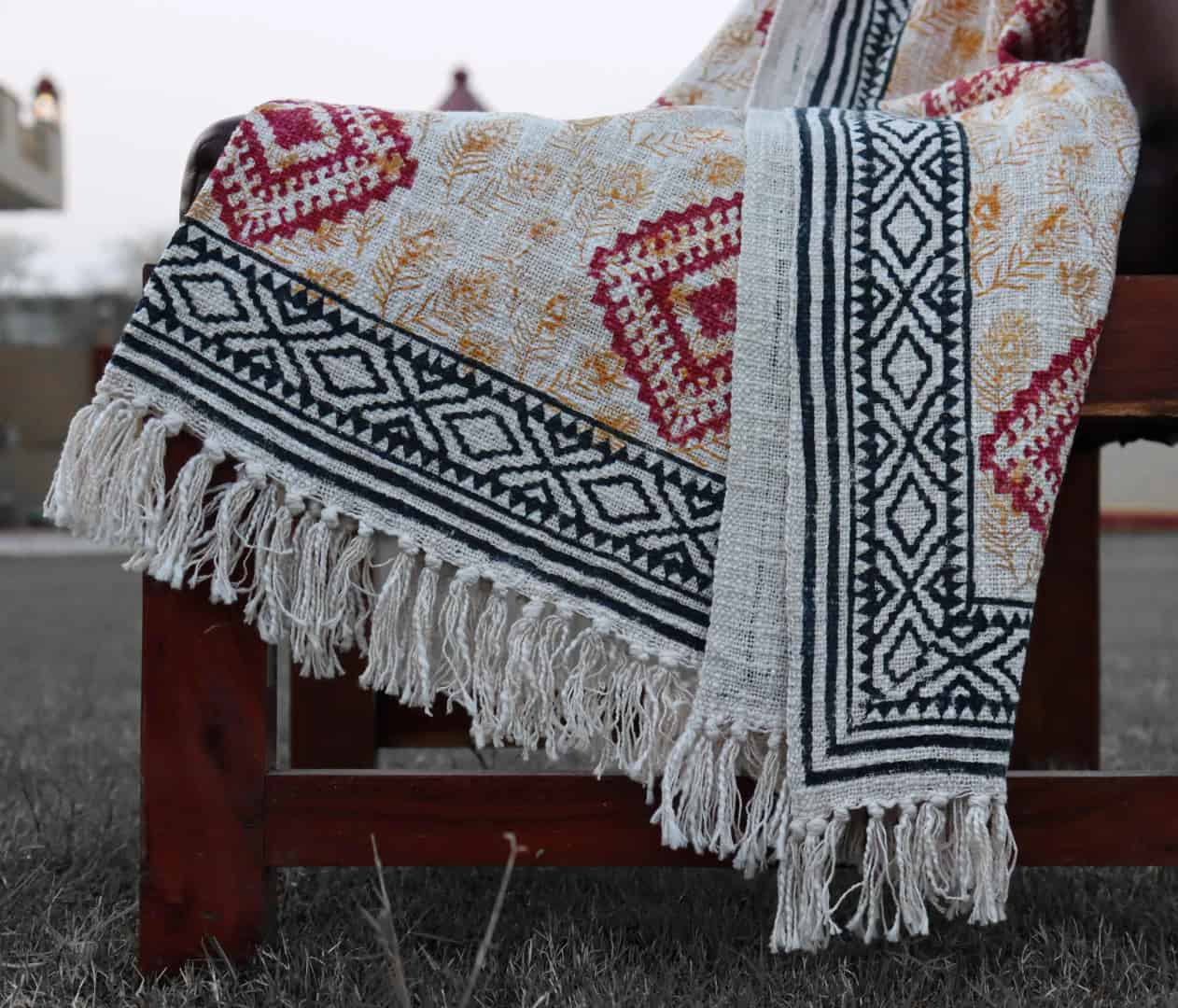 Handmade Rustic Throw Authentic African Style Decor for Home Hand Loom Blanket Boho Block Print Bed Throw Linen with Tassels Sofa Decor Handwoven Throw Blanket  - Image 2