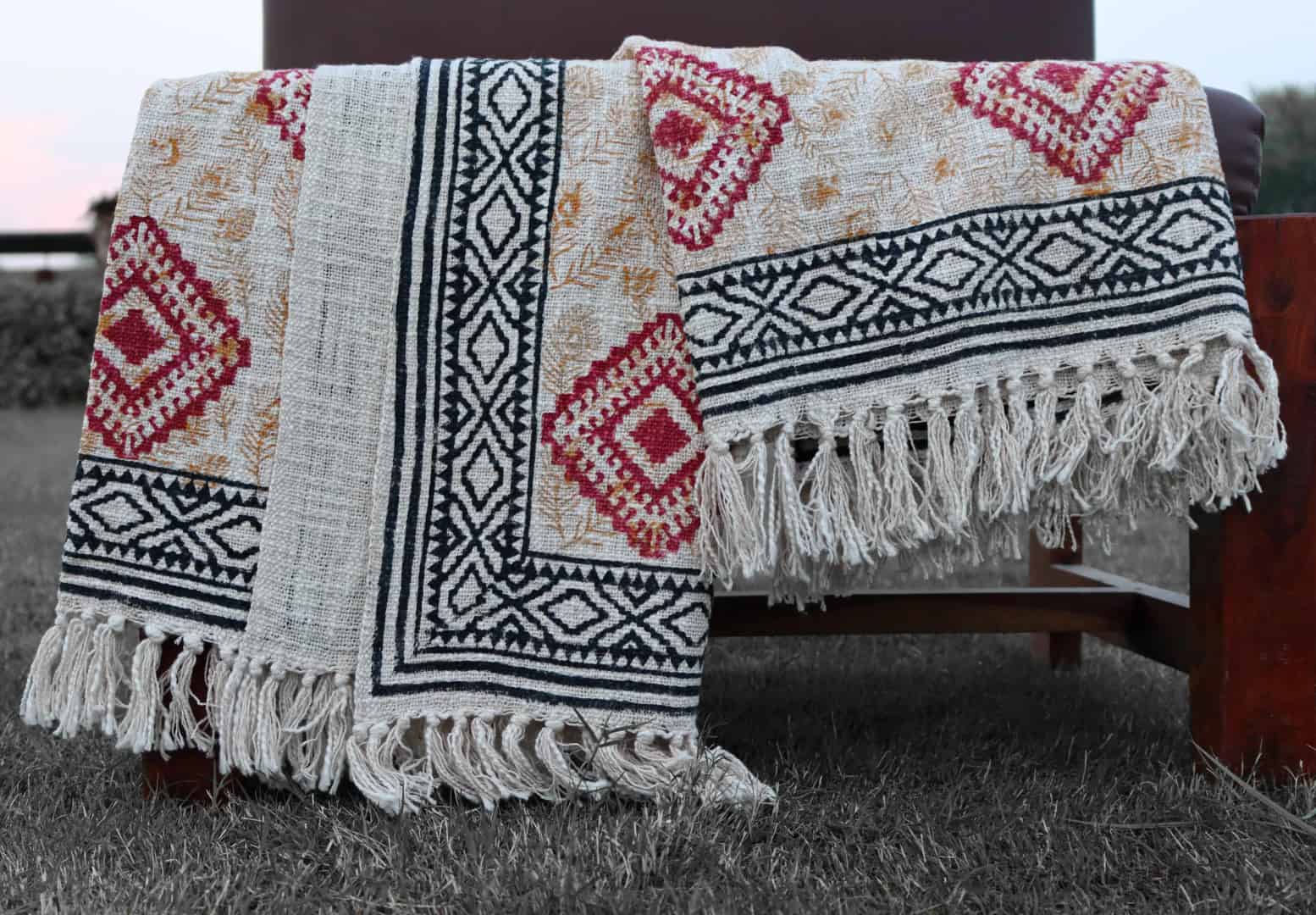 Handmade Rustic Throw Authentic African Style Decor for Home Hand Loom Blanket Boho Block Print Bed Throw Linen with Tassels Sofa Decor Handwoven Throw Blanket  - Image 4