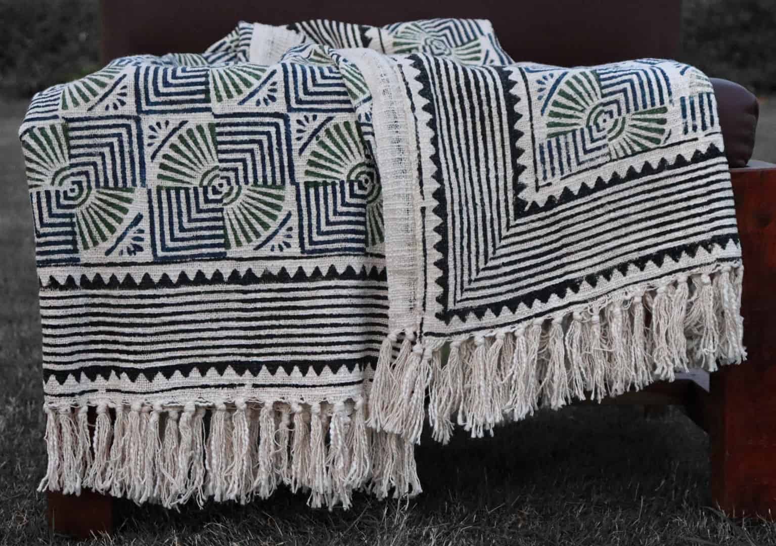 White Soft Cotton Throw Blanket With Black Design Throws And White Fringes Cotton Throw Blanket For Living Room Decor Sofa Cover Handloom Block Printed Throws - Image 2