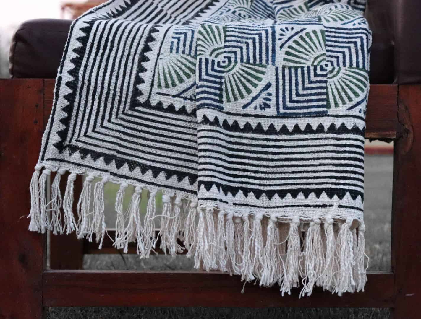 White Soft Cotton Throw Blanket With Black Design Throws And White Fringes Cotton Throw Blanket For Living Room Decor Sofa Cover Handloom Block Printed Throws - Image 3