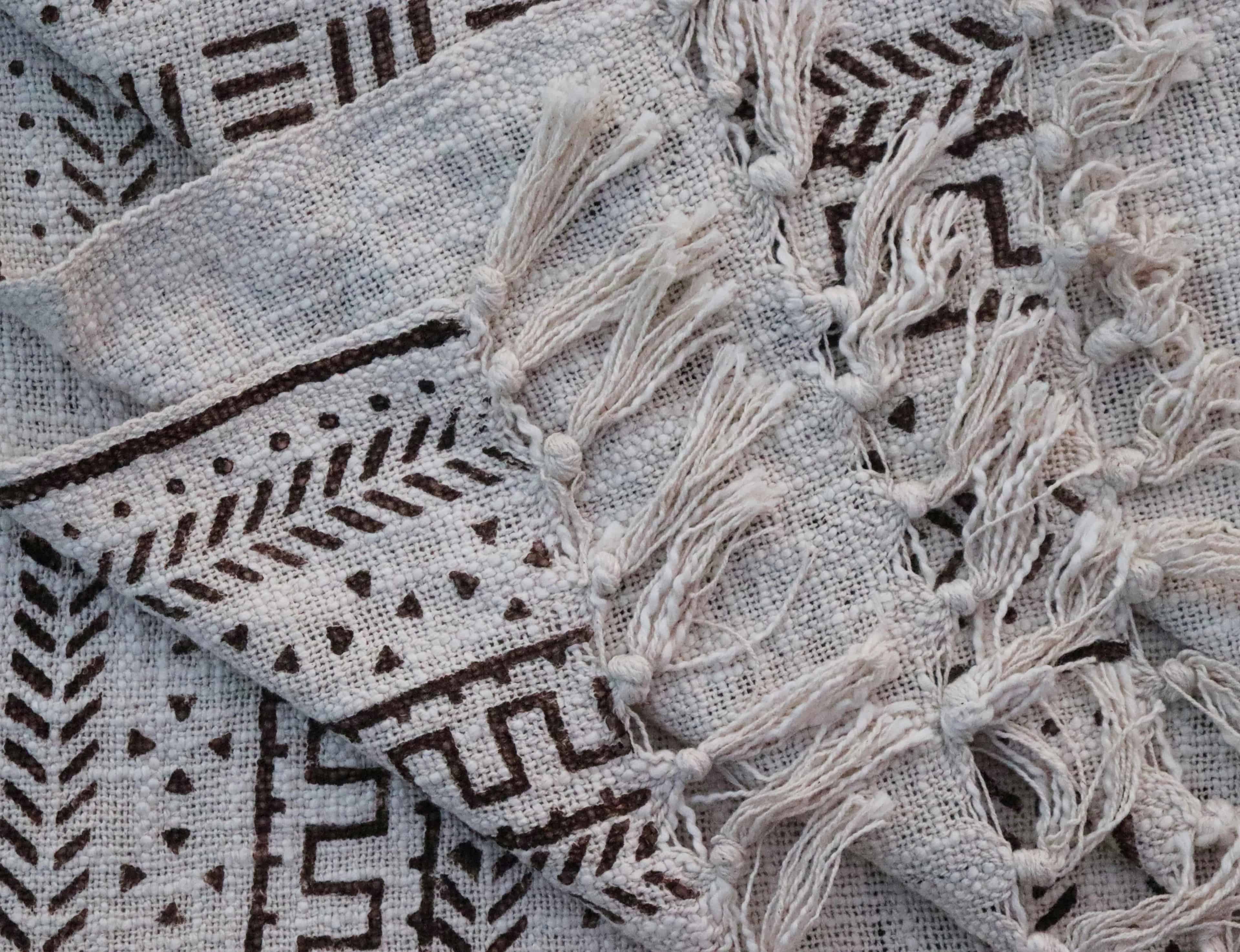 Handmade White Soft Cotton Throw Blanket With Black Design Blanket And White Fringes Cotton Throw Blanket Hand Loom Blanket Boho Block Print Bed Throw Linen with Tassels - Image 5