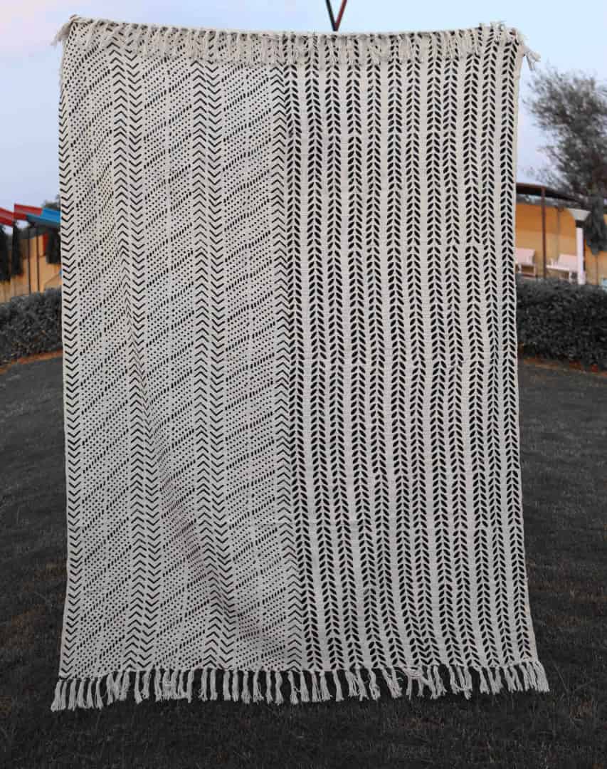 Handmade Rustic Throw Authentic African Style Decor for Home Hand Loom Blanket Boho Block Print Bed Throw Linen with Tassels White Throw With Black Design For Decor Home - Image 1