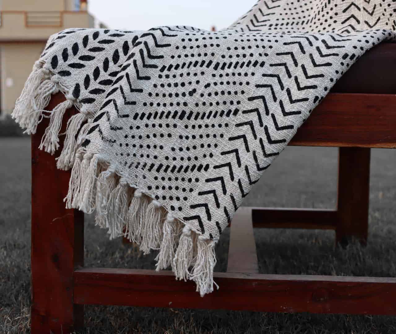 Handmade Rustic Throw Authentic African Style Decor for Home Hand Loom Blanket Boho Block Print Bed Throw Linen with Tassels White Throw With Black Design For Decor Home - Image 3