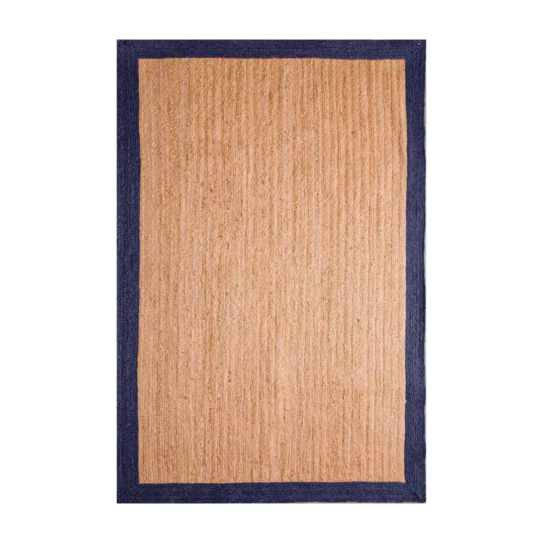 Hand Braided Rectangle Jute Rug Beige With Navy Blue Color border  - Image 1