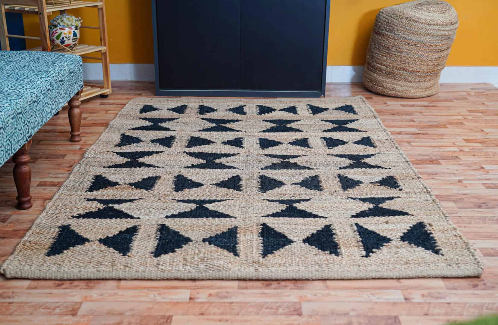Handwoven Stair Natural Jute Hemp Rug With Black Damru Design Hemp Bedside Runner Rug Handloomed Yoga Hemp For Living Sofa Deco Rug Vintage Jute Rug  - Image 2