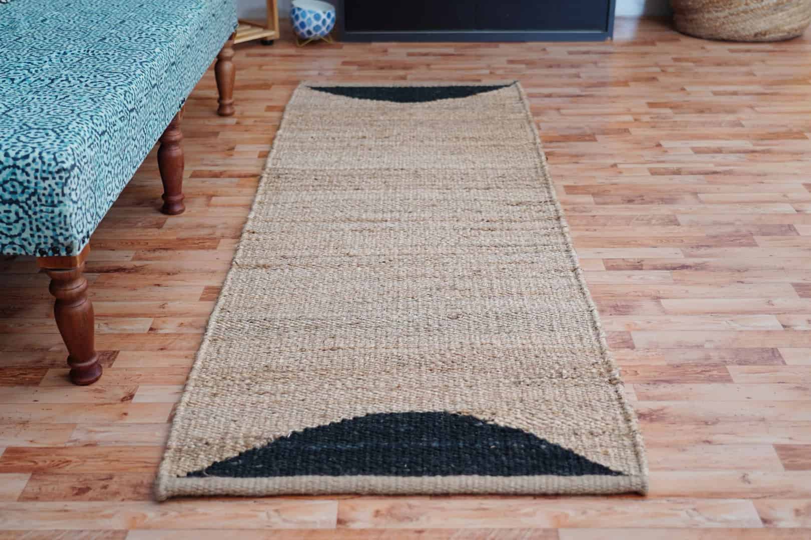 Natural Jute Hemp Rug Runner With Half Black Design Circle Area Rug Vintage Runner Dhurrie Rug For Living Long Kitchen Decor Rug Bohemian Jute Rug Floor Runner Jute Rug - Image 3
