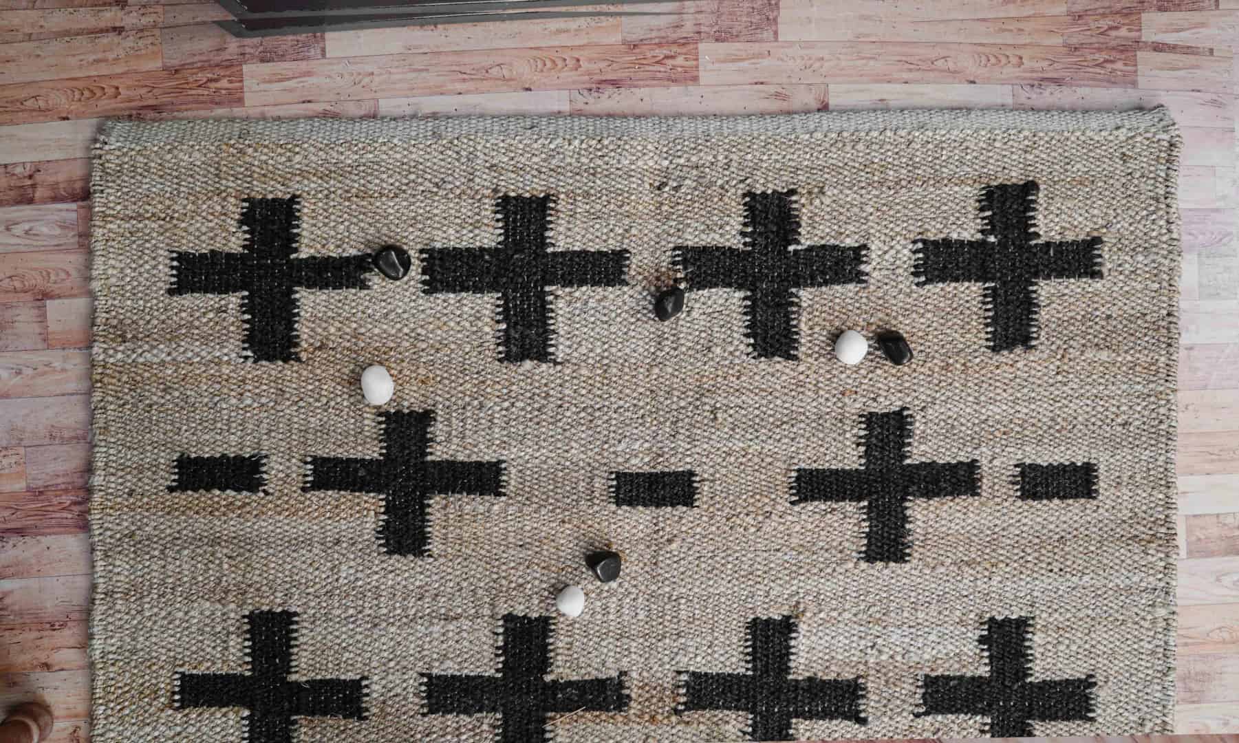 Hand Loomed Natural Jute Hemp Rug with Black Plus Design Jute Rug Stair Decor Tufted Hemp Rug Moroccan Hemp Rug Rectangle Doormat Runner Area Rug Entryway Large Dhurrie Rug  - Image 9