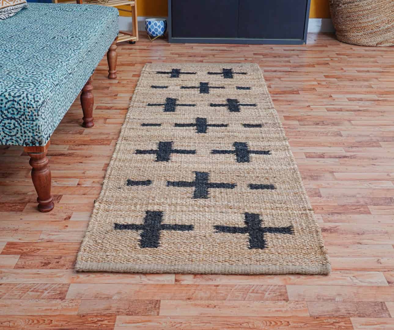 Hand Loomed Natural Jute Hemp Rug with Black Plus Design Jute Rug Stair Decor Tufted Hemp Rug Moroccan Hemp Rug Rectangle Doormat Runner Area Rug Entryway Large Dhurrie Rug  - Image 4