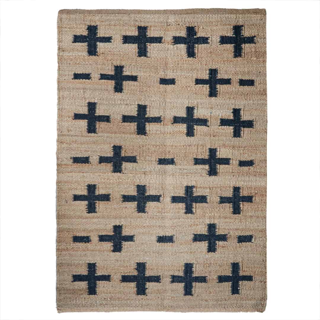 Hand Loomed Natural Jute Hemp Rug with Black Plus Design Jute Rug Stair Decor Tufted Hemp Rug Moroccan Hemp Rug Rectangle Doormat Runner Area Rug Entryway Large Dhurrie Rug  - Image 1
